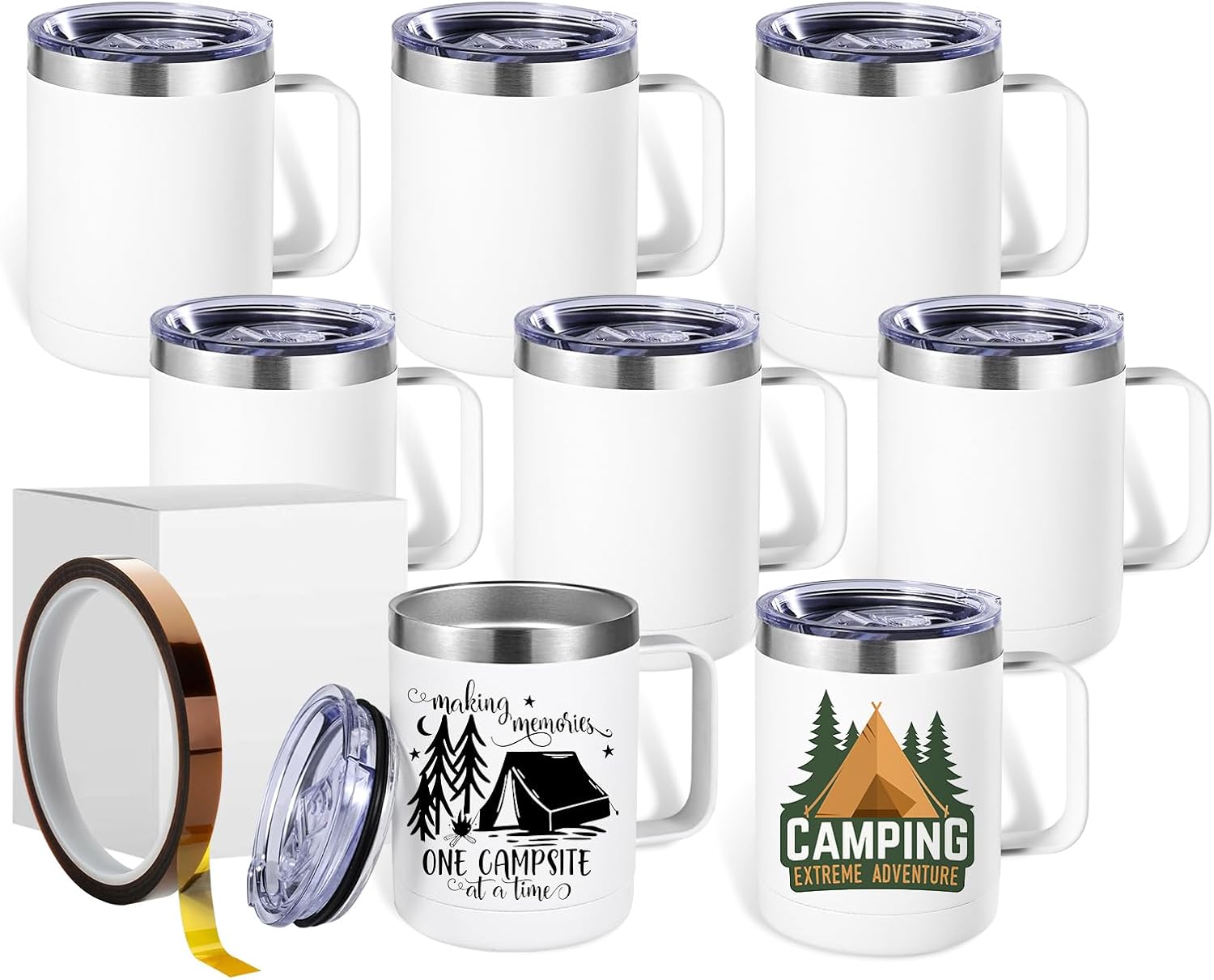 Eight white 12 ounce ColorSub sublimation tumblers with handles, clear lids, heat tape, and individual boxes